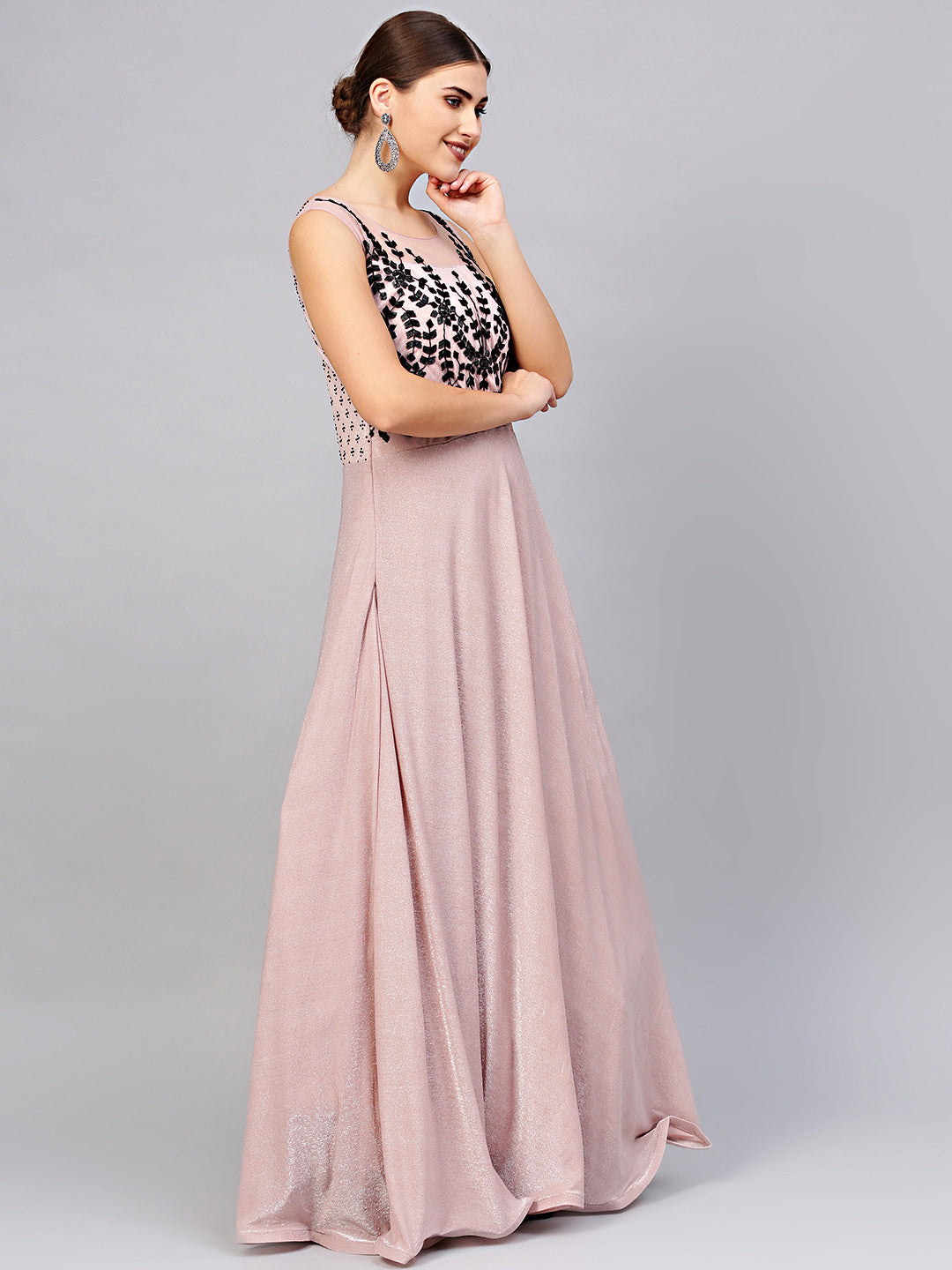 Lycra Cocktail Gown with Contrast Black Embroidery