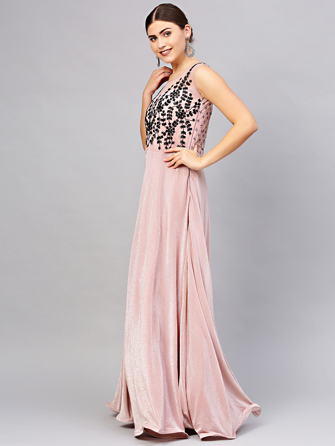 Lycra Cocktail Gown with Contrast Black Embroidery