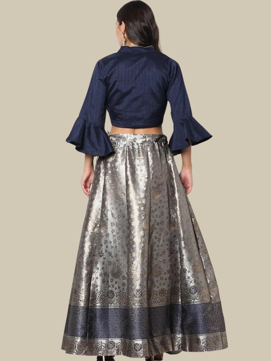 Banarasi Kalidar Lehenga with Contemporary Bell Sleeved Crop top