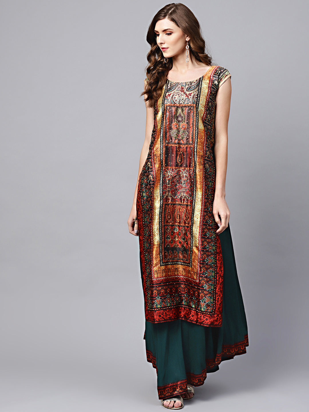 Tribal Pattern Layered Dress with Crystal Embellishments