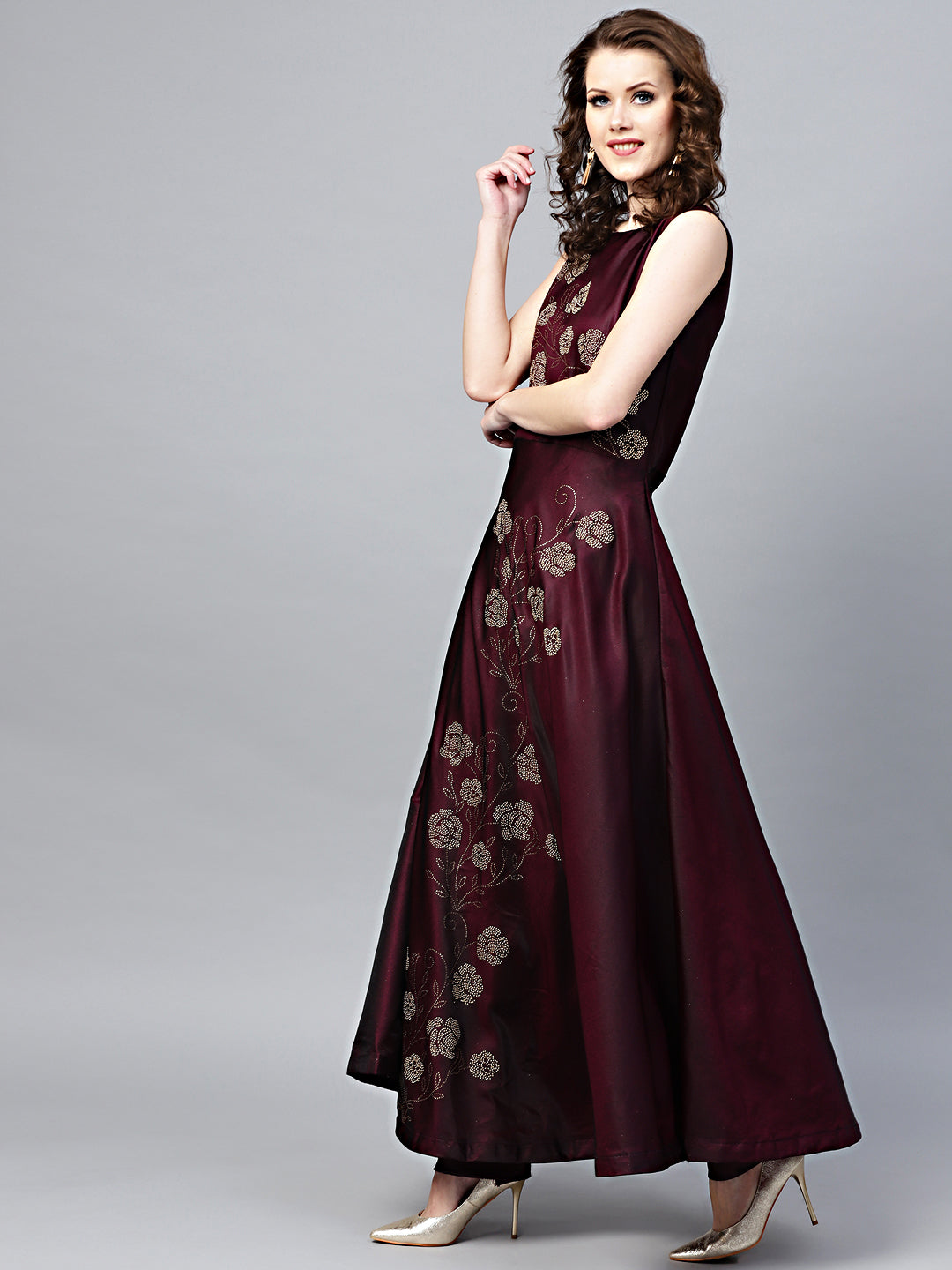 Crystal Embellished Silk Flared Suit in Floral Pattern