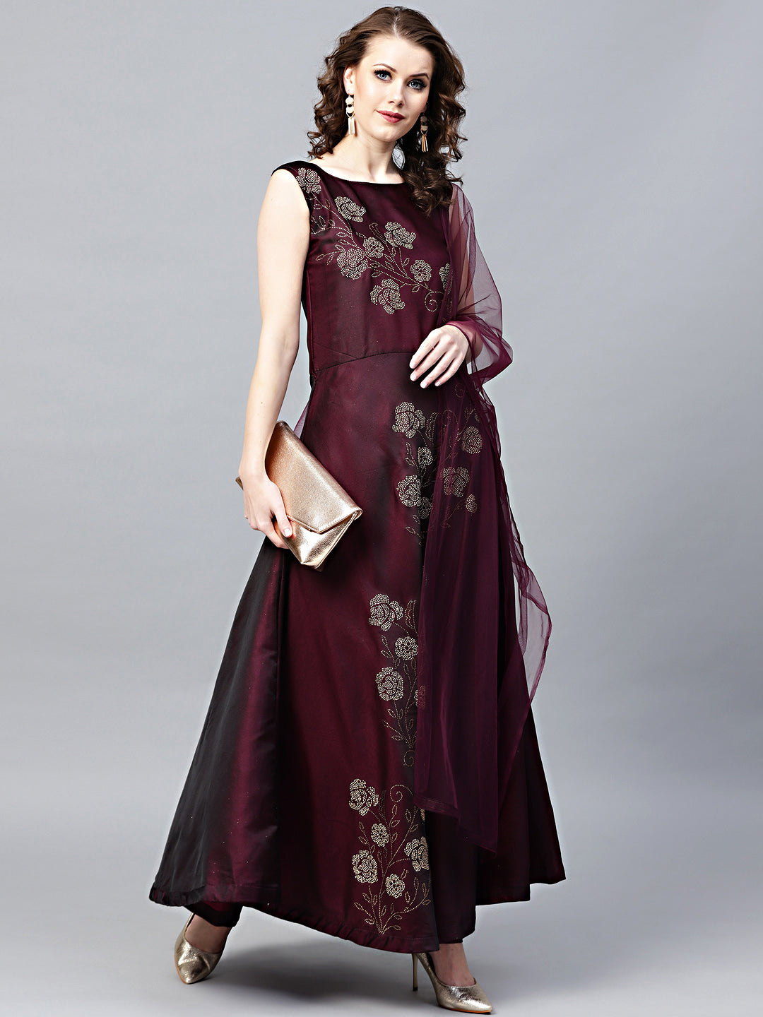 Crystal Embellished Silk Flared Suit in Floral Pattern