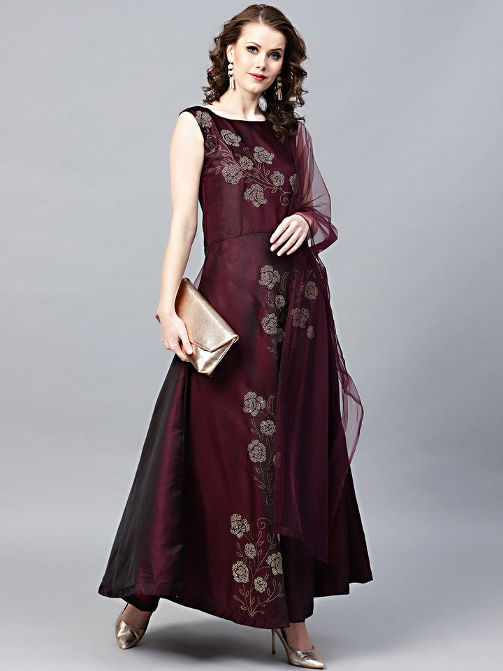 Crystal Embellished Silk Flared Suit in Floral Pattern