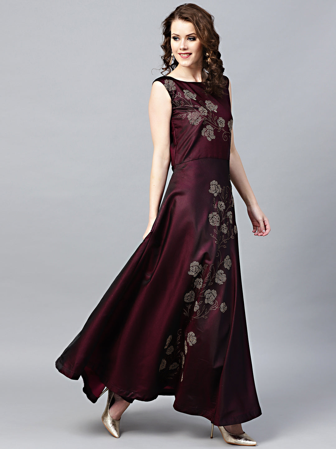 Crystal Embellished Silk Flared Suit in Floral Pattern