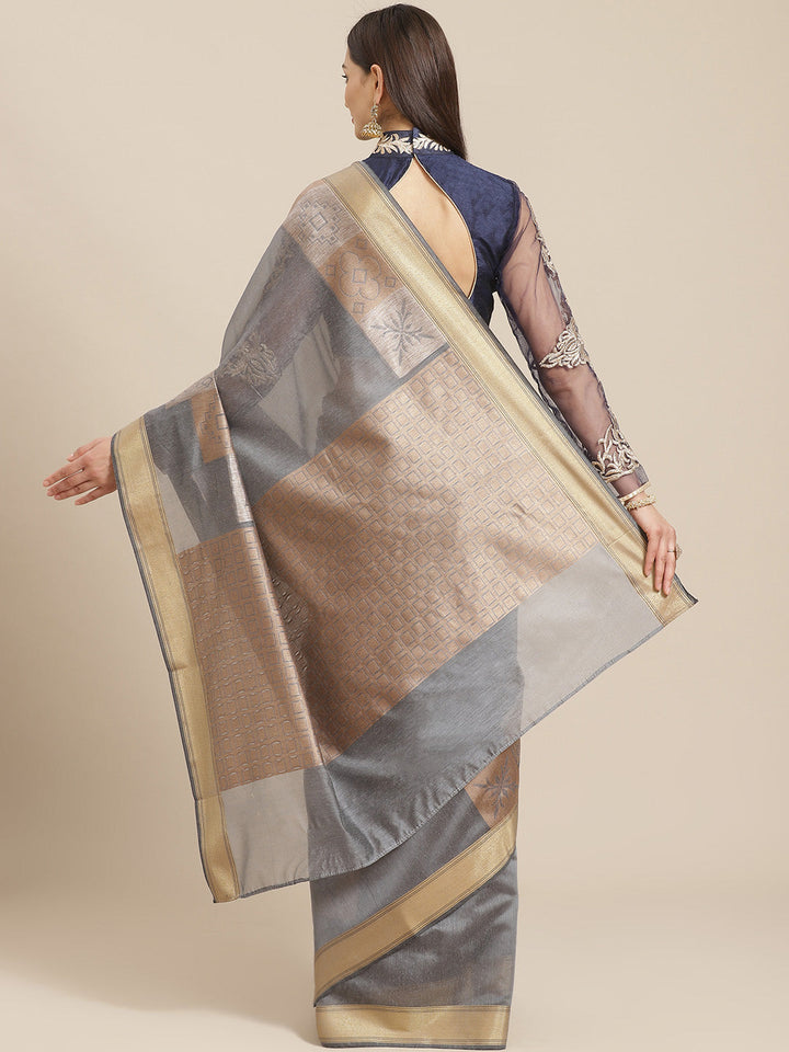Banarasi Chanderi Heritage Of India Checked Saree with Gold Silver Geometrical Pattern