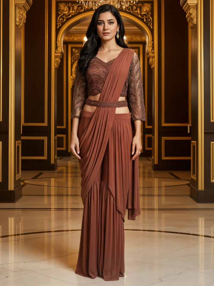 Indo-Western Pre-Draped Pallazo Saree with Sequinned Embroidered Blouse & Belt