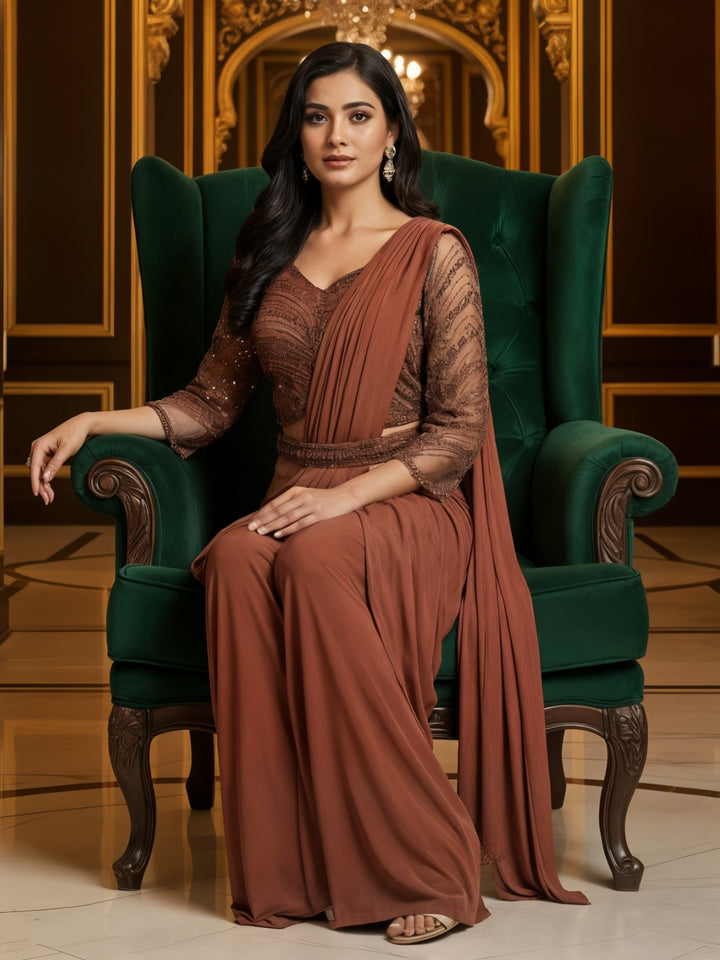 Indo-Western Pre-Draped Pallazo Saree with Sequinned Embroidered Blouse & Belt
