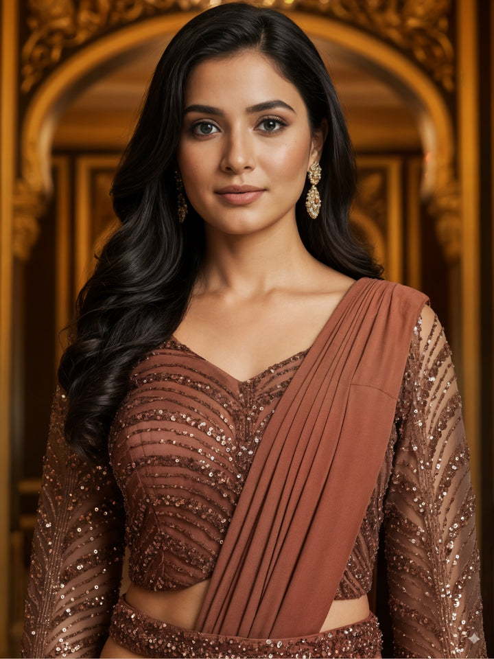 Indo-Western Pre-Draped Pallazo Saree with Sequinned Embroidered Blouse & Belt