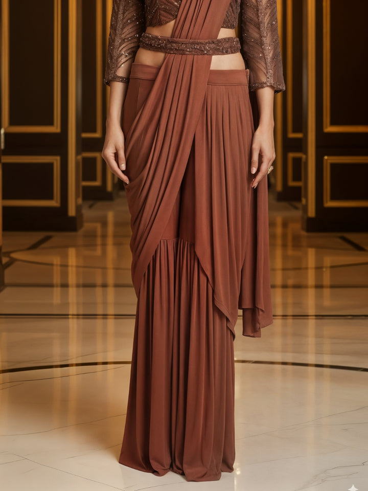 Indo-Western Pre-Draped Pallazo Saree with Sequinned Embroidered Blouse & Belt