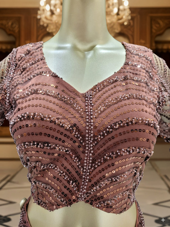 Indo-Western Pre-Draped Pallazo Saree with Sequinned Embroidered Blouse & Belt