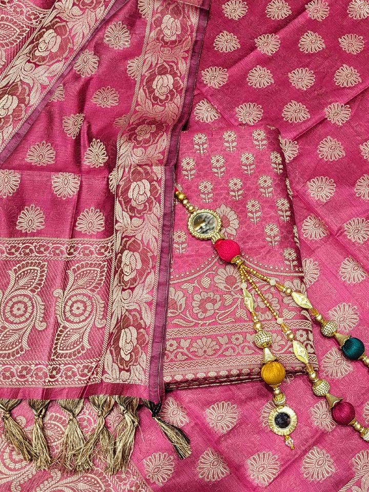 Chhabra 555 Banarasi Silk Dress Material with Scalloped Floral Motifs & Jaal pattern Jhallar Dupatta