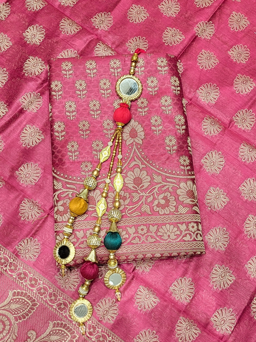 Banarasi Silk Dress Material with Scalloped Floral Motifs & Jaal pattern Jhallar Dupatta
