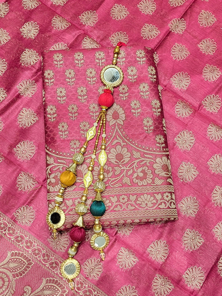 Banarasi Silk Dress Material with Scalloped Floral Motifs & Jaal pattern Jhallar Dupatta