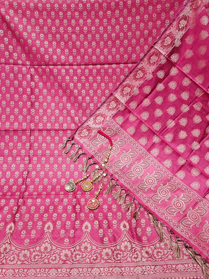 Banarasi Silk Dress Material with Scalloped Floral Motifs & Jaal pattern Jhallar Dupatta