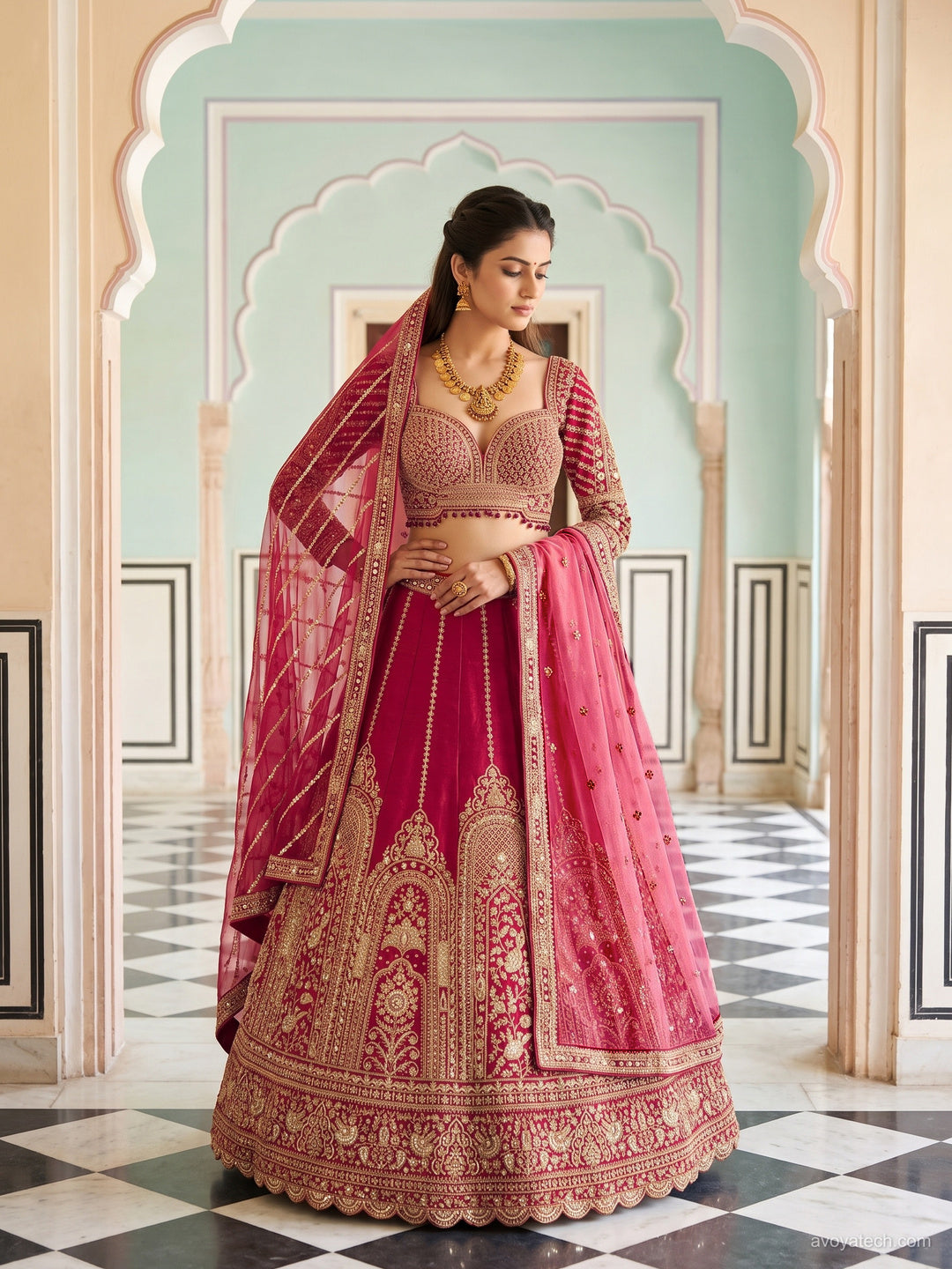 Rani Pink Bridal Heavy Embroidered Lehenga Choli Set with 2 Dupatta