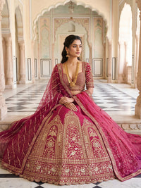 Rani Pink Bridal Heavy Embroidered Lehenga Choli Set with 2 Dupatta
