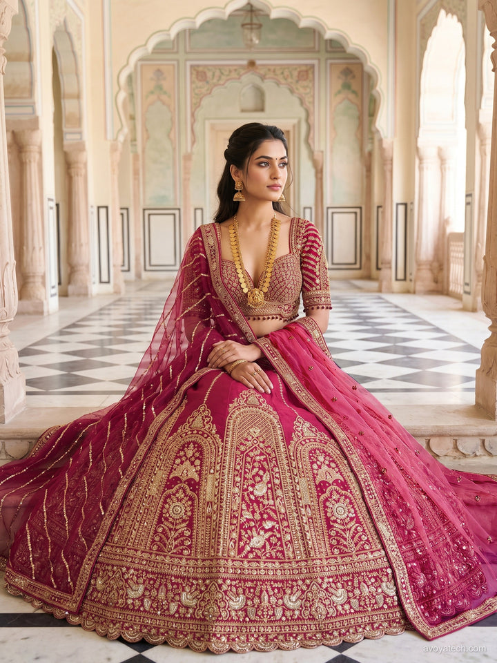 Rani Pink Bridal Heavy Embroidered Lehenga Choli Set with 2 Dupatta