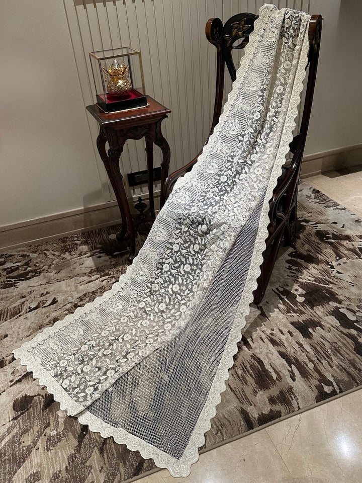 White Embroidered Net Saree