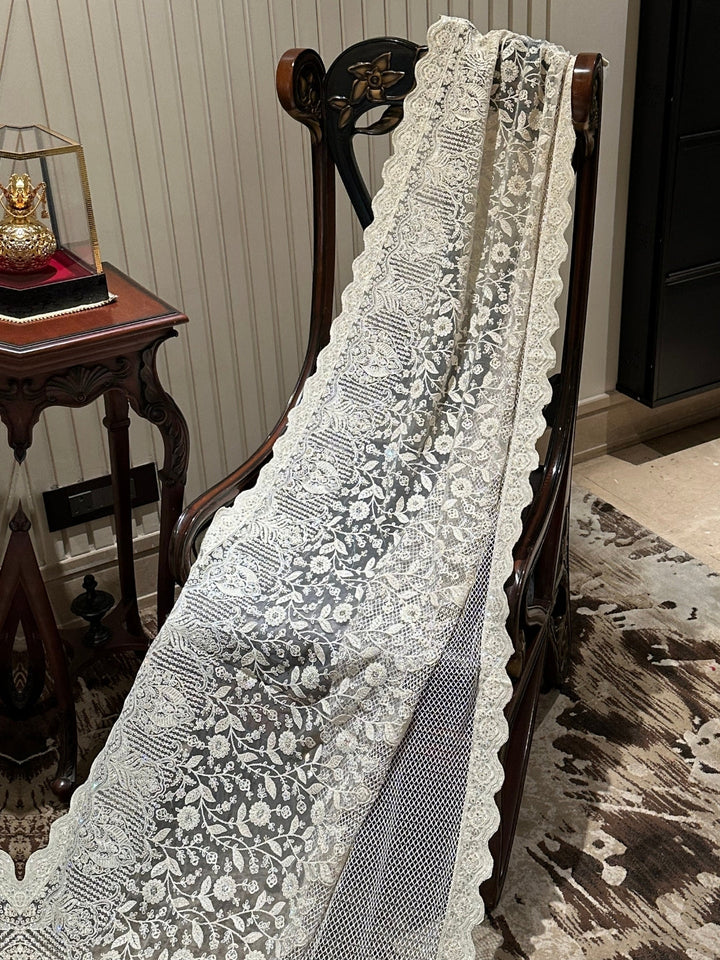 White Embroidered Net Saree