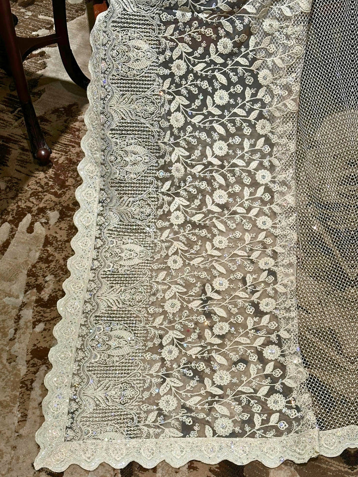 White Embroidered Net Saree