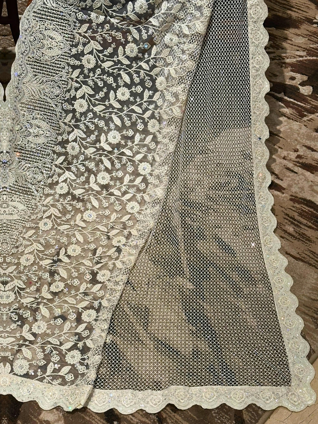 White Embroidered Net Saree
