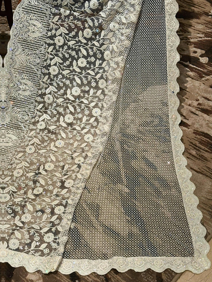 White Embroidered Net Saree