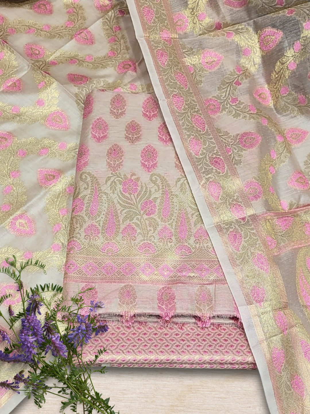 Chhabra 555 Meenakari Woven Handloom Chanderi Dress Material with Tasseled Dupatta & Brocade Salwar