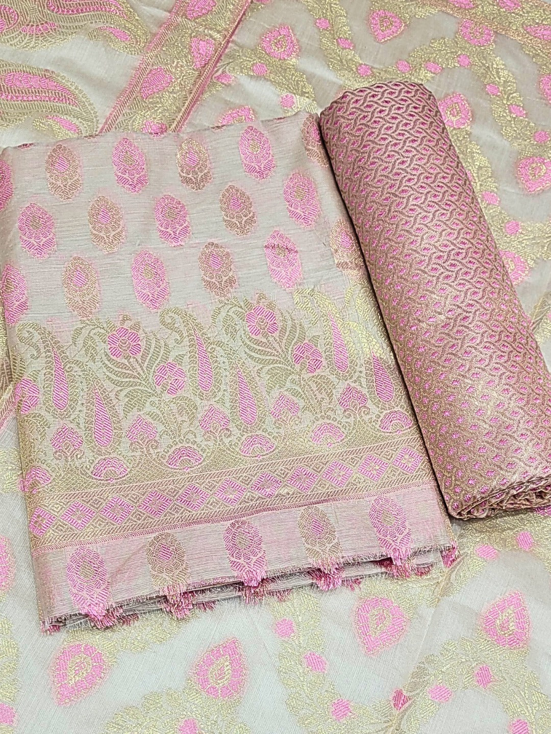 Meenakari Woven Handloom Chanderi Dress Material with Tasseled Dupatta & Brocade Salwar