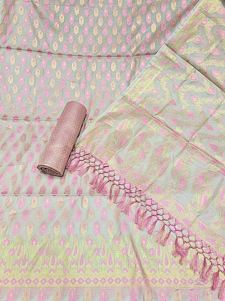 Meenakari Woven Handloom Chanderi Dress Material with Tasseled Dupatta & Brocade Salwar