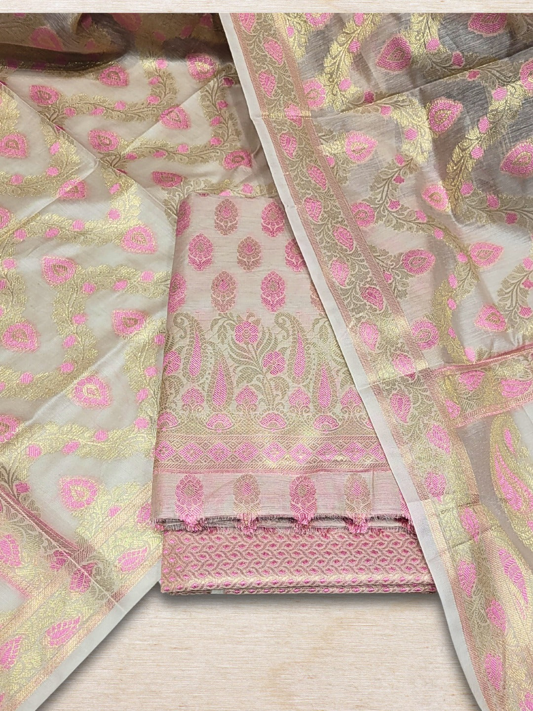 Meenakari Woven Handloom Chanderi Dress Material with Tasseled Dupatta & Brocade Salwar