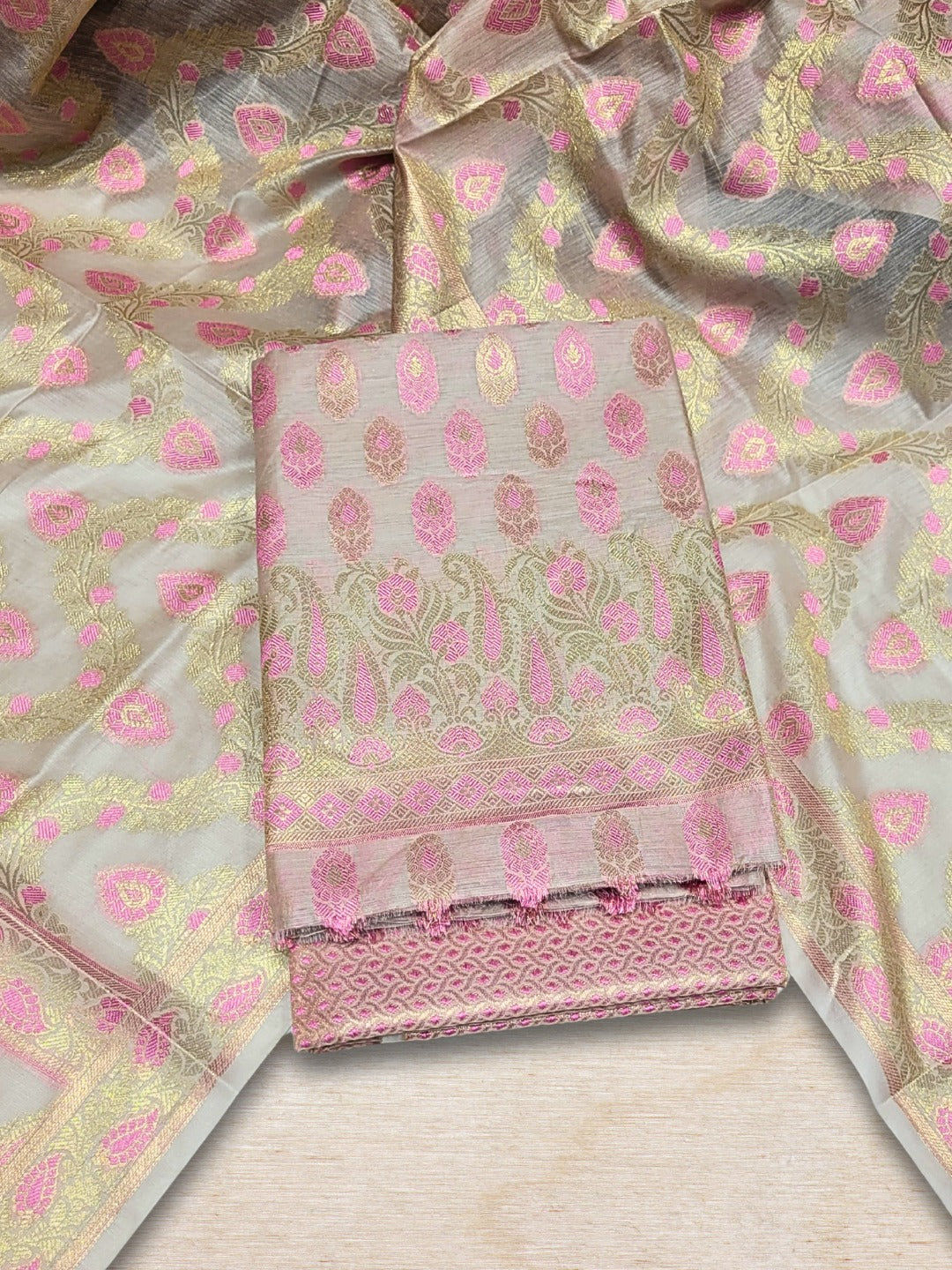 Meenakari Woven Handloom Chanderi Dress Material with Tasseled Dupatta & Brocade Salwar