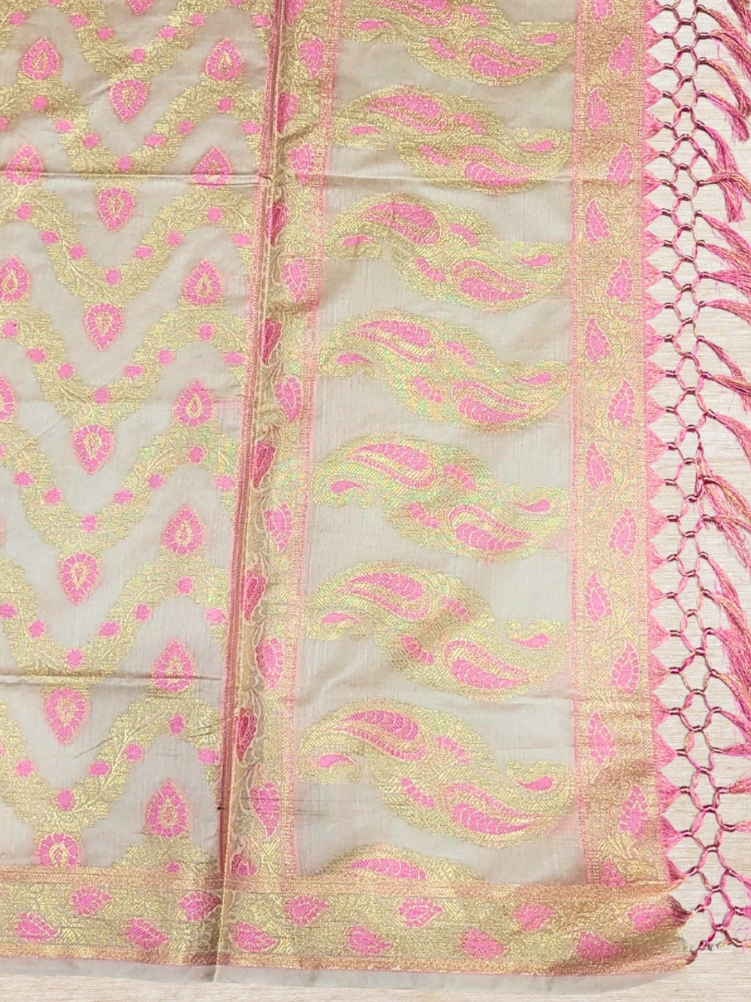 Meenakari Woven Handloom Chanderi Dress Material with Tasseled Dupatta & Brocade Salwar