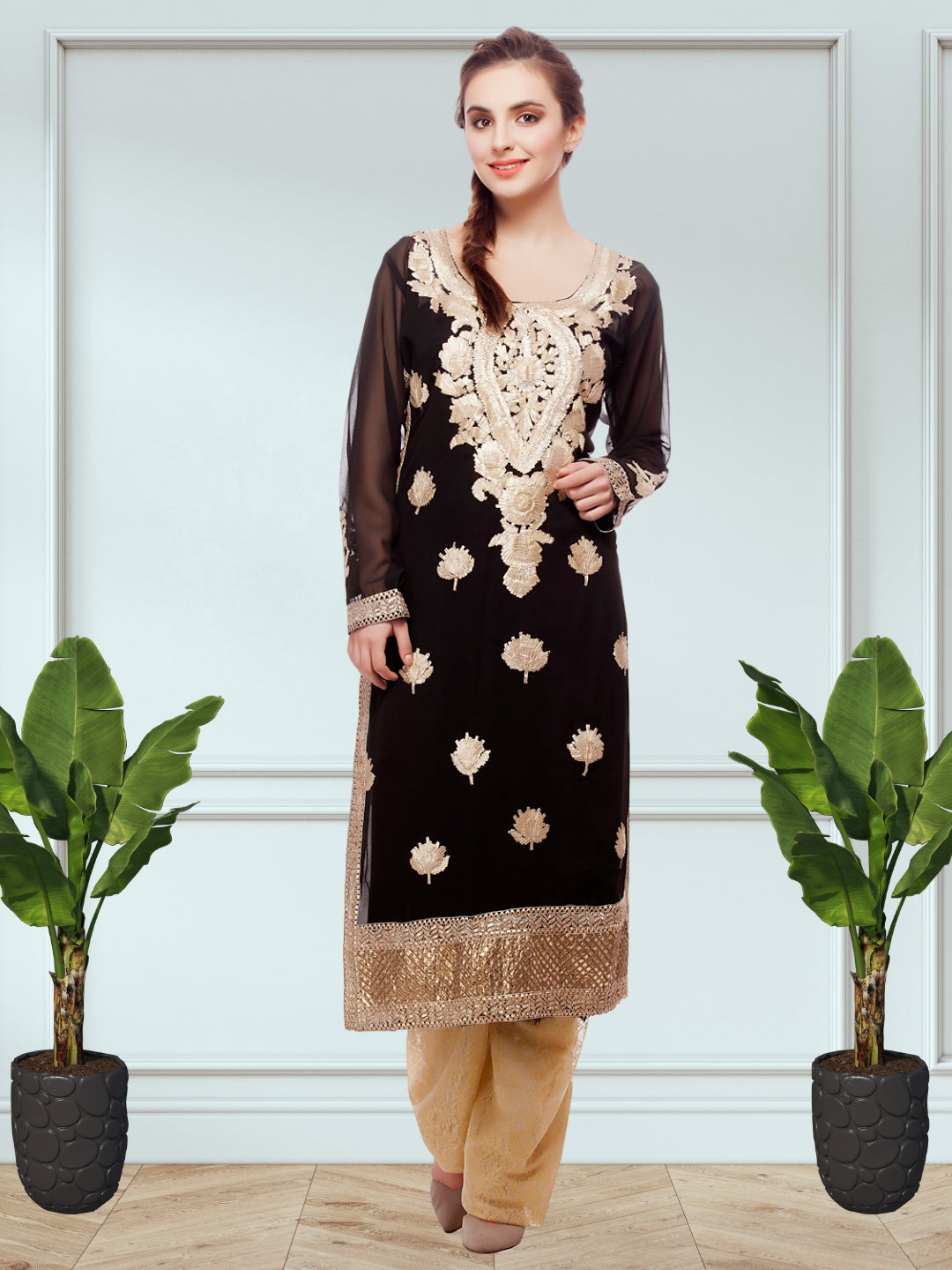 Georgette Semi-Stitched Suit with Laced Hemlines & Applique Embroidery