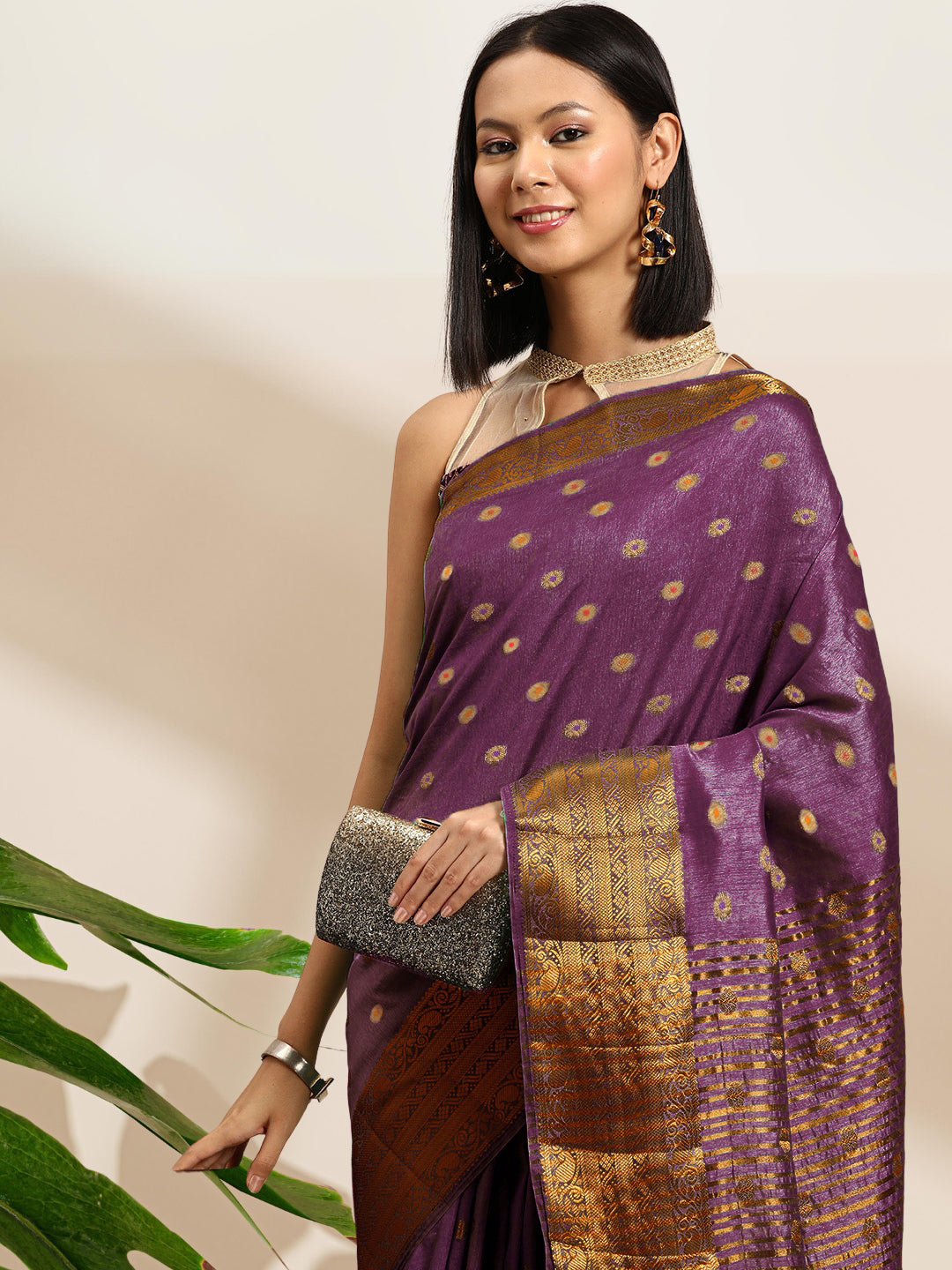 Zari Woven Ethnic Border Mysore Silk Handloom Saree with Meenakari weaving