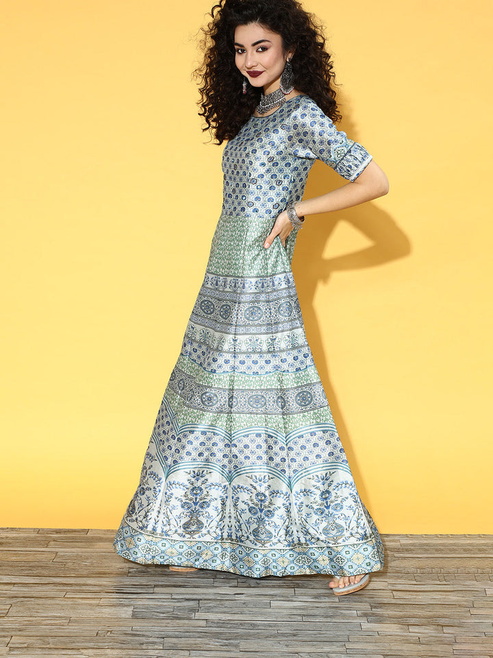 Pastel Floor length Digital Print Mirror Embellish Gown