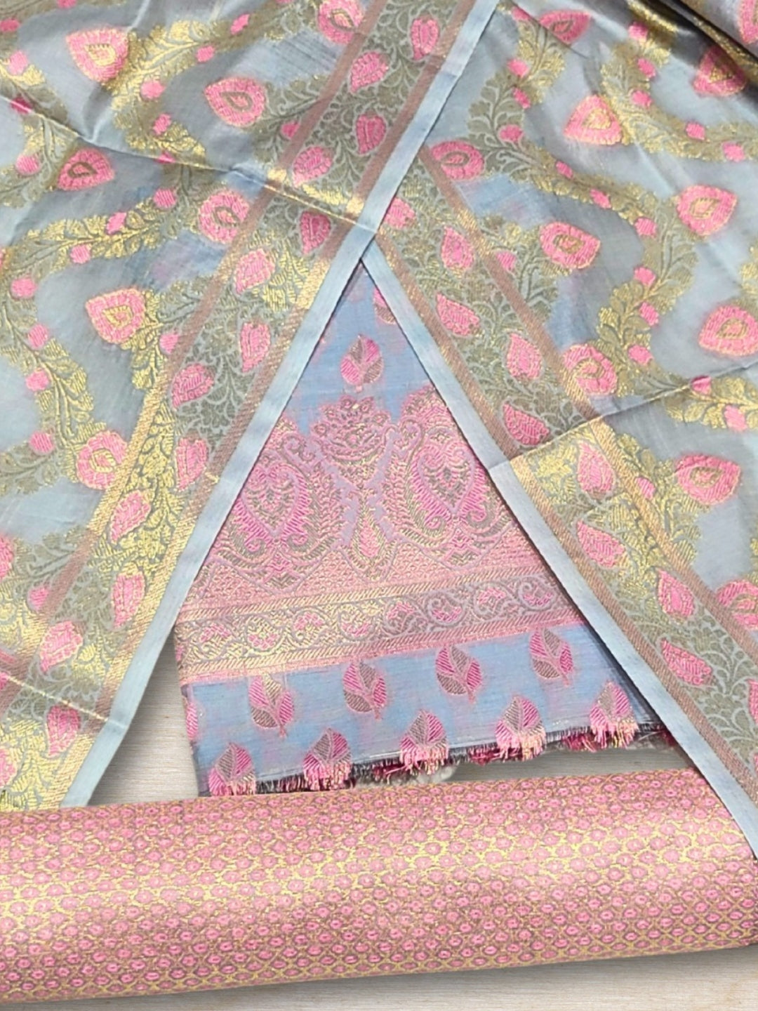 Chhabra 555 Meenakari Handloom Suit with Tropical leaf pattern, Tasseled Dupatta & Brocade Salwar