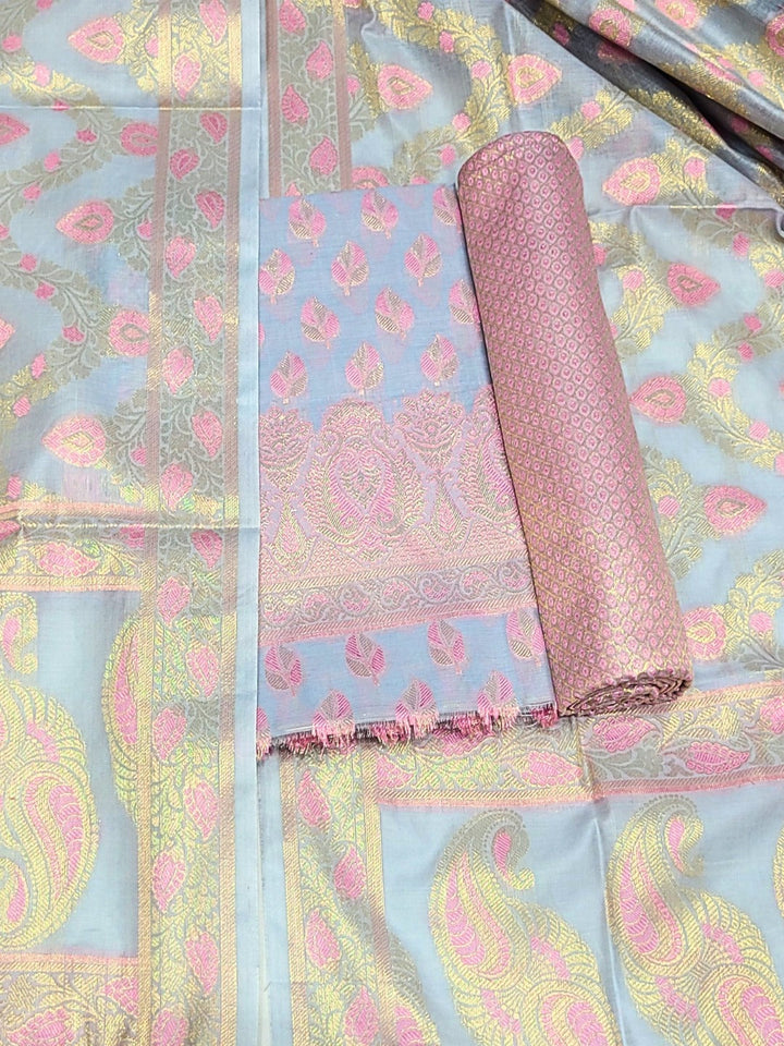 Meenakari Handloom Suit with Tropical leaf pattern, Tasseled Dupatta & Brocade Salwar