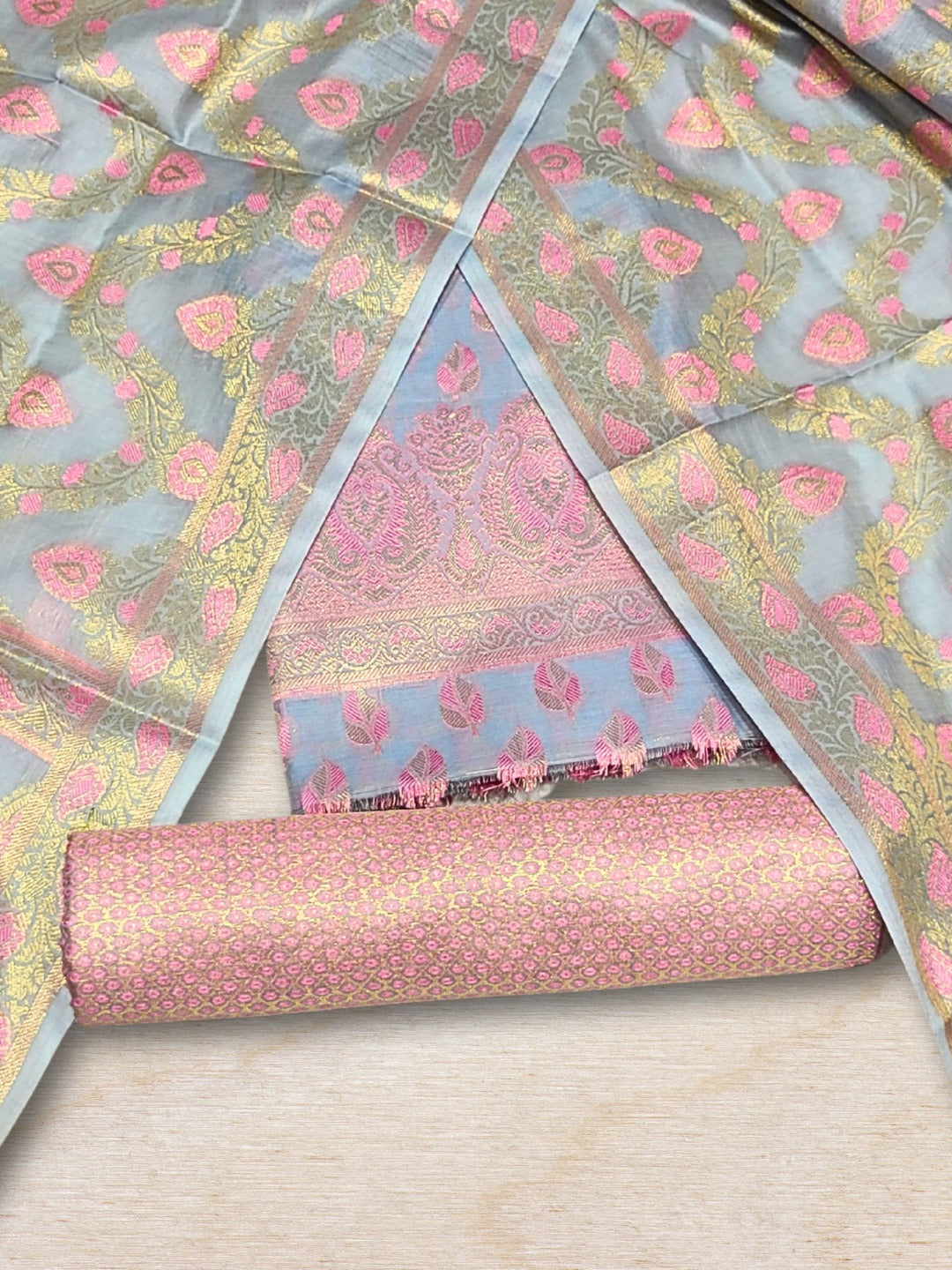 Meenakari Handloom Suit with Tropical leaf pattern, Tasseled Dupatta & Brocade Salwar