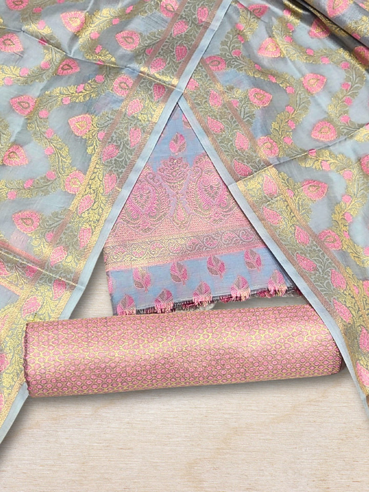 Meenakari Handloom Suit with Tropical leaf pattern, Tasseled Dupatta & Brocade Salwar