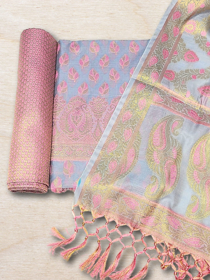 Meenakari Handloom Suit with Tropical leaf pattern, Tasseled Dupatta & Brocade Salwar