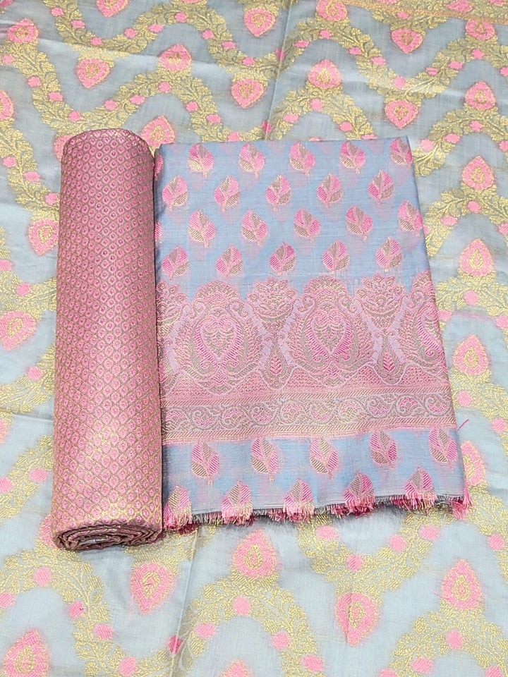 Meenakari Handloom Suit with Tropical leaf pattern, Tasseled Dupatta & Brocade Salwar