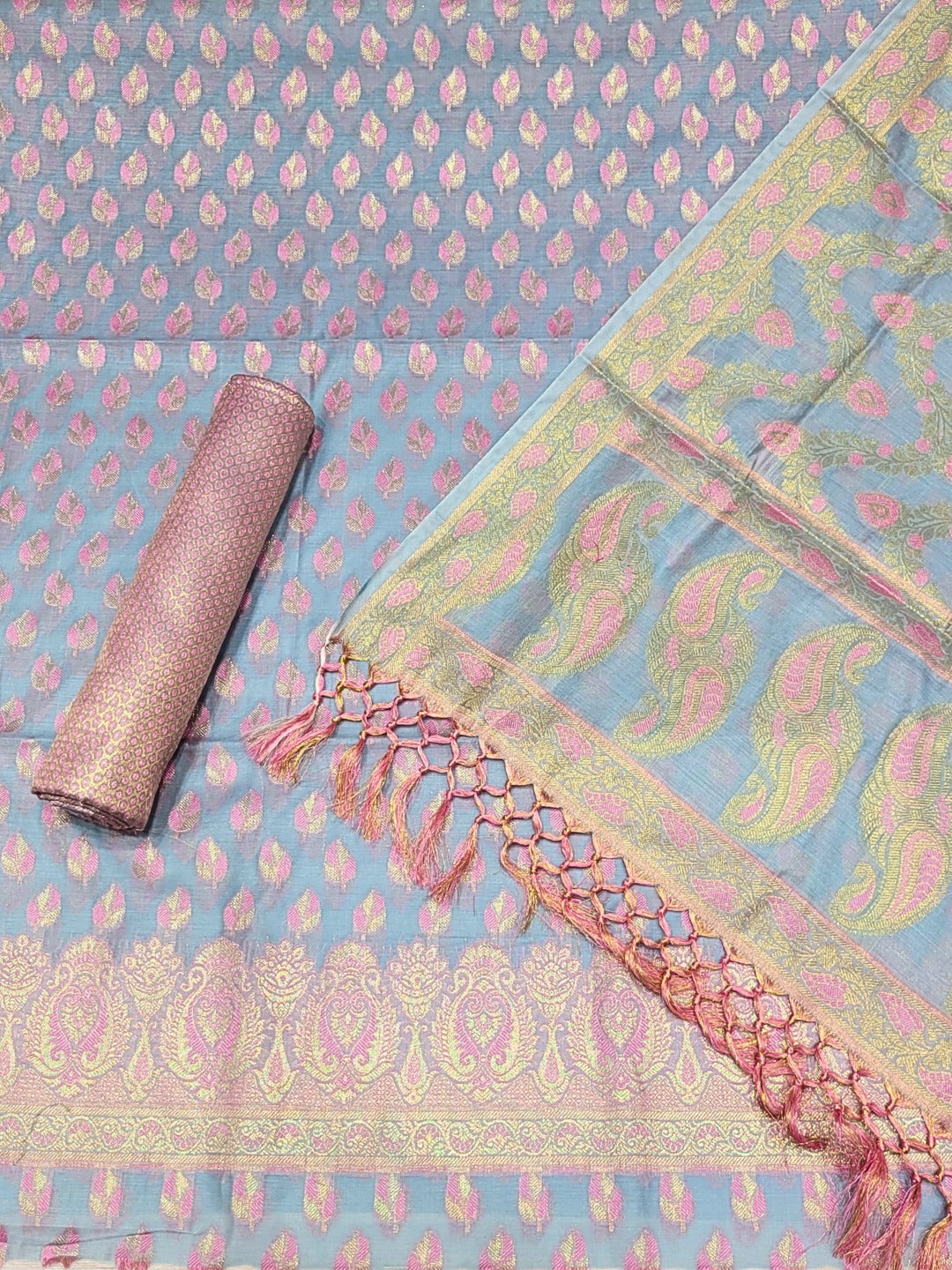 Meenakari Handloom Suit with Tropical leaf pattern, Tasseled Dupatta & Brocade Salwar