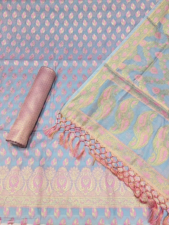 Meenakari Handloom Suit with Tropical leaf pattern, Tasseled Dupatta & Brocade Salwar
