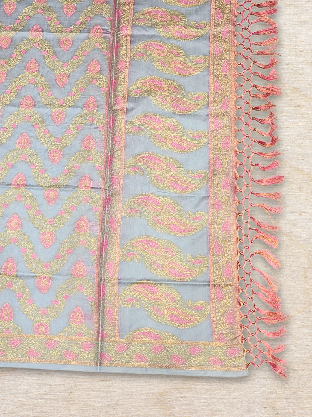 Meenakari Handloom Suit with Tropical leaf pattern, Tasseled Dupatta & Brocade Salwar