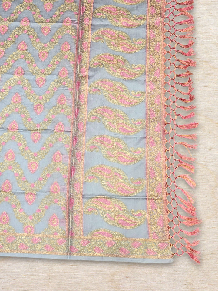 Meenakari Handloom Suit with Tropical leaf pattern, Tasseled Dupatta & Brocade Salwar