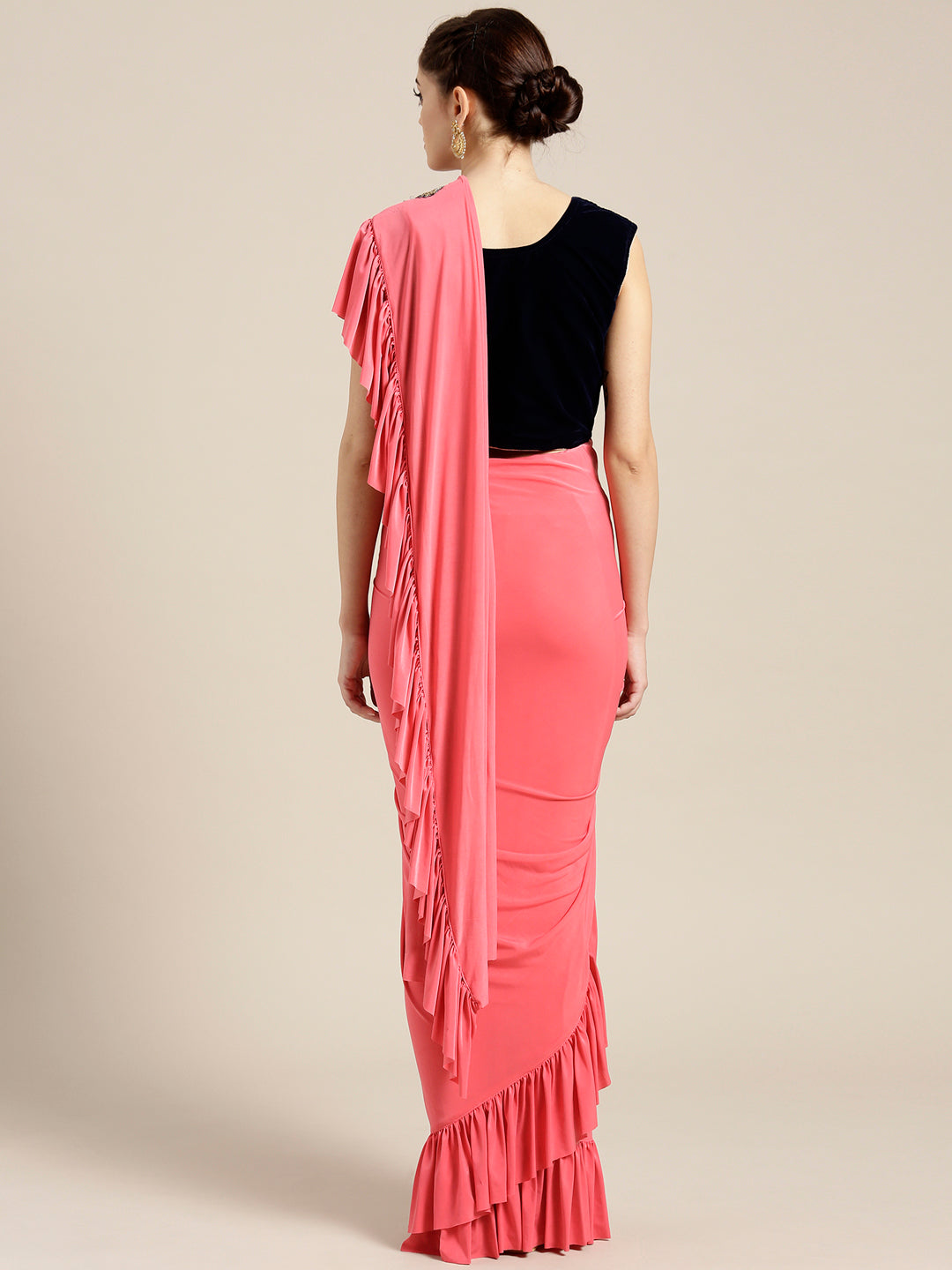 Draped Ruffled Pre-stitched Saree with Embellished Velvet Crystal-studded Blouse