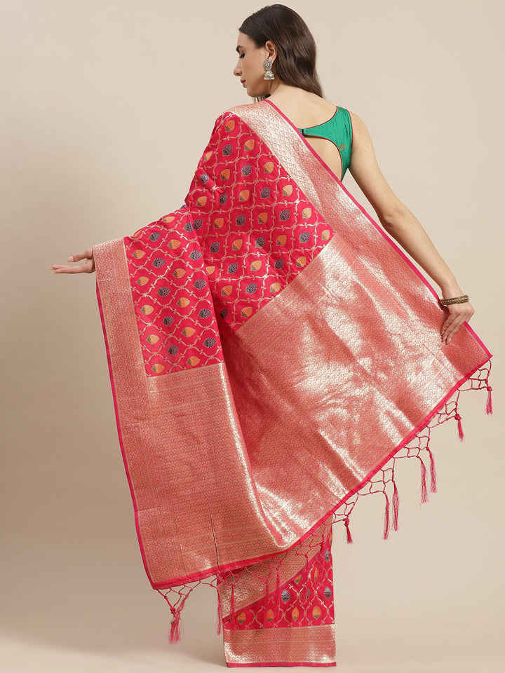 Magenta Silk Meenakari Banarasi Saree Embellished With Ethnic Motifs