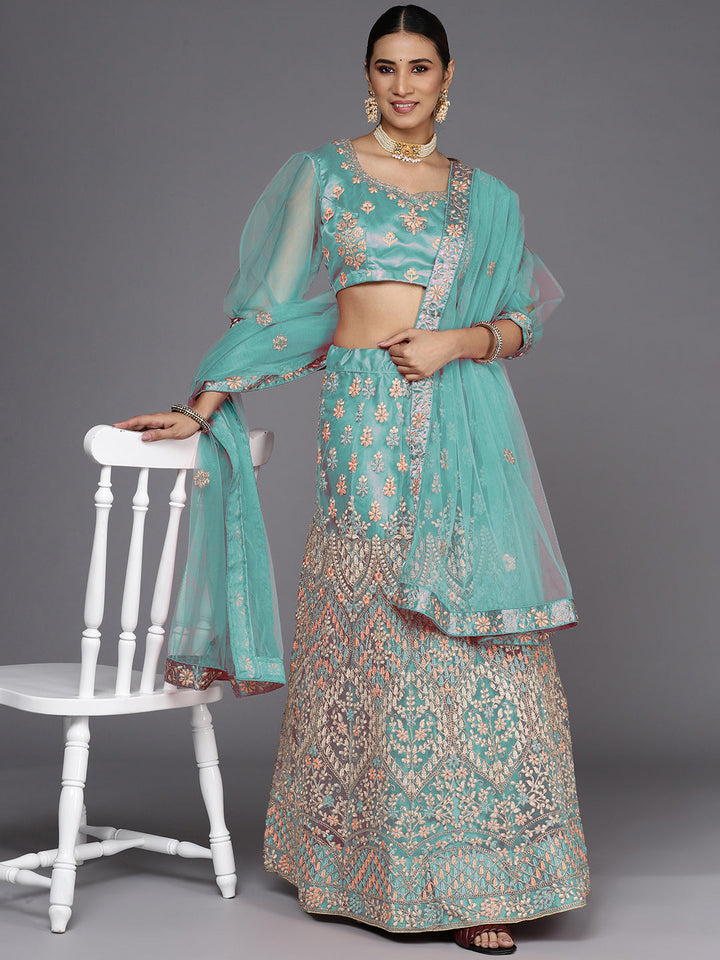 Semi-stitched Turquoise Blue Floral Embroidered Net Lehenga Choli Set