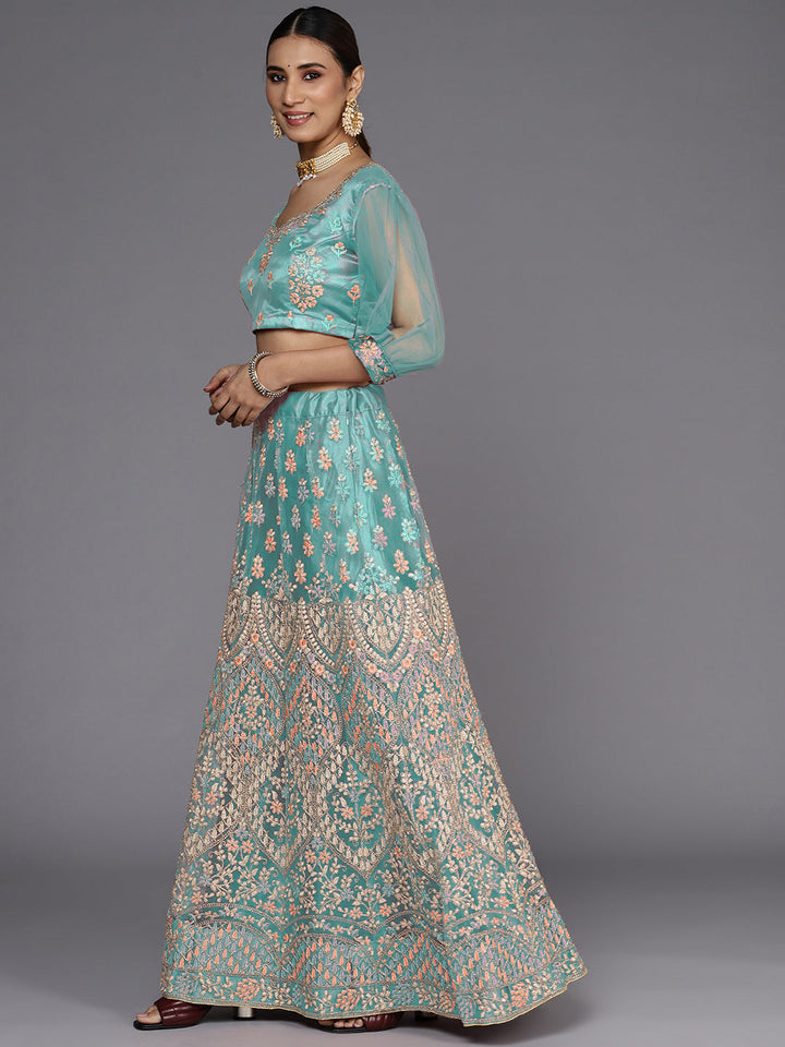 Turquoise Blue Zari & Resham Floral Embroidered Net Lehenga Choli Set