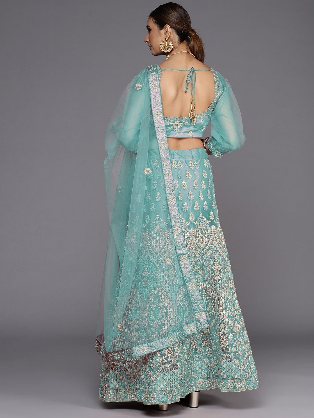 Turquoise Blue Zari & Resham Floral Embroidered Net Lehenga Choli Set
